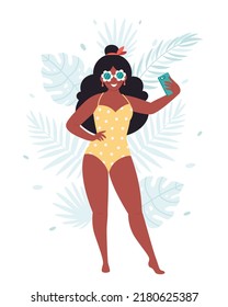 Black woman in retro glasses and swimsuit making selfie or recording video. Hello summer, summer vacation, summer fun. Hand drawn vector illustration