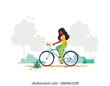 Black Woman Riding Bike. Healthy Lifestyle, Sport, Outdoor Activity Concept. Vector Illustration