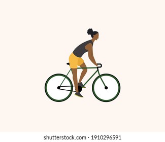 Black woman riding a bike wearing sportswear on isolated white background. Healthy active lifestyle. Modern vector illustration in cartoon flat style