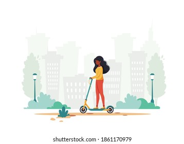 Black woman riding electric scooter in the city park. Eco transport concept. Vector illustration