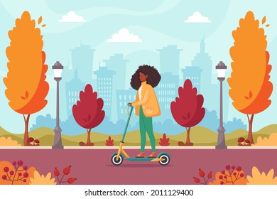 Black woman riding electric scooter in autumn park. Eco transport concept. Vector illustration.