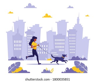 Black Woman Running With Dog In The City. Outdoor Activities, Healthy Lifestyle, Sport, Exercises, Jogging Concept. Vector Illustration In Flat Style.