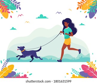 Black Woman Running With Dog In The Nature. Outdoor Activities, Healthy Lifestyle, Summertime, Jogging Concept. Vector Illustration In Flat Style.