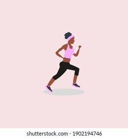 black woman running, with pink t-shirt