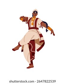 Black woman in sari performs Indian dance. Dancer in national clothes, jewelry shows odissi. Ethnic performer moves hands and legs in kuchipudi. Flat isolated vector illustration on white background