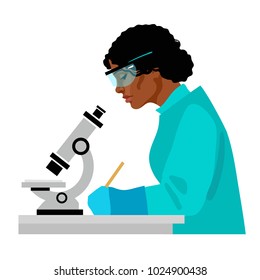 Black woman scientist looking through microscope and writing. Female African american laboratory assistant working at the table in potective glasses and gloves. Cartoon flat vector illustration