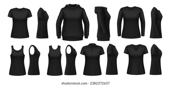 Black woman shirt, hoodie and polo mockups, vector female sport and uniform clothes. Realistic 3d women sleeveless top tank, long sleeve t-shirt, sweatshirt, hoodie and polo, front and side view