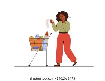 Black woman shocked by expensive grocery prices. Surprised female customer reads bill for food and drink. Inflation in economics and high household expenses. vector illustration