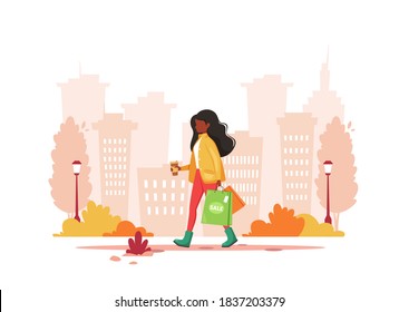 Black woman shopping in the city with coffee. Urban lifestyle. Vector illustration.