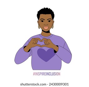 Black woman show heart hands gesture vector illustration. Inspire inclusion iwd 2024 sign and theme. International women's day banner. Girl power handwritten text