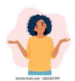 Black woman shrugging with a curious expression, doubt or question, vector illustration in flat style