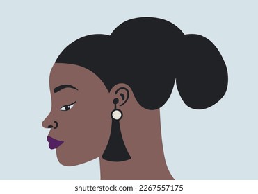 black woman sideways, afro hair, sideways, big lips, flat design, minimalist, clean background