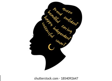 Black woman Silhouette. African American girl  in a head wrap and with an earring.  Beautiful girl profile. Decorated with hand written text.  Vector clipart isolated on white. 