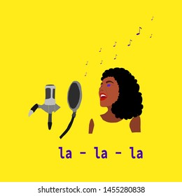 black woman singing before microphone. vector illustration of woman recording story or song with musician elements on yellow background. Happy black woman. Diversity people 