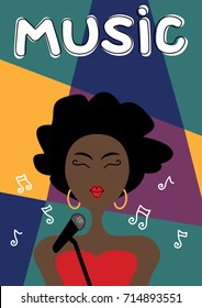 Black woman singing cartoon vector. Poster illustration of live music events. Hand drawn poster design. Beautiful lady performing on stage.