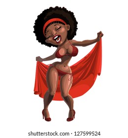 Black woman singing and dancing in a swimsuit with a cape