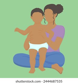 black woman sits cross-legged on the floor and supports a child walking in a diaper. simple vector style in realistic silhouette without face. baby's first steps