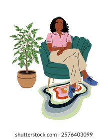 Black woman sitting in armchair in comfortable interior with hand made rug and potted house plant. Pretty african american girl relaxing at home. Flat vector illustration isolated on white background