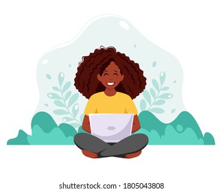 Black woman sitting with laptop. Freelance, online studying, remote working concept. Vector illustration