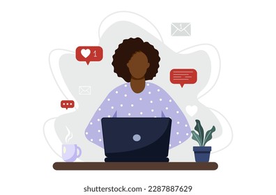 Black woman sitting with laptop. Freelance, online studying, work from home concept. Vector illustration