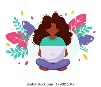 Black woman sitting with laptop. Black woman freelancer. Freelance, online studying, remote work concept. Vector illustration in a flat style.