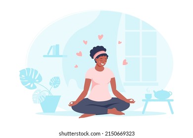 Mujer negra sentada en loto posan en casa con planta, tetera, libros, corazones. Mujer practicando yoga. Ilustración plana vectorial. Concepto de autocuidado y estilo de vida saludable para banner, página de inicio, tarjeta