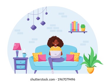 Black woman sitting on a sofa and working on laptop. Freelancer, home office  concept. Vector illustration