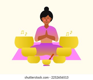 Black woman sitting on yoga mat among multiple singing bowls as sound bath, music therapy and spirituality concept. Various singing bowl set made of metal, bronze or copper, many and different sizes.