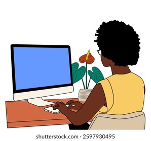 Black woman sitting rear view at a desk with computer monitor in front of her. African american girl is typing on the keyboard and has a blooming house plant on her desk. Vector illustration isolated