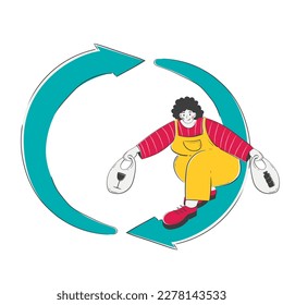 black woman skates on a recycling logo and carries a bag of sorted plastic and glass