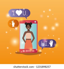 black woman in smartphone with social media bubbles