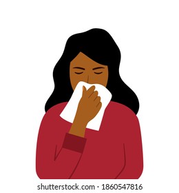 Black woman sneezing concept vector on white background. African woman blowing in handkerchief. Sick woman sneeze. Season allergy. COVID-19 Coronavirus infection.	
