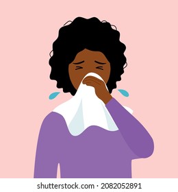 Black woman sneezing concept vector. African woman in blowing in handkerchief. Sick woman sneeze. Season allergy. COVID-19 Coronavirus infection.