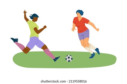 Black Woman Soccer Player Kick The Ball To Make Goal. Girls Play Football Sport Game On Green Field. Female Soccer Match Or Training Session, Cartoon Flat Vector Illustration.