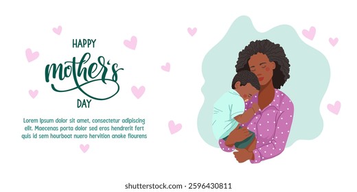 Black woman and son flyer for Mothers Day. Vector illustration