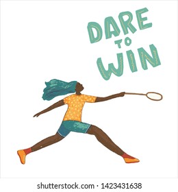 Black woman in sport badminton clothing cartoon character. Racquet sport woman in shorts and t-shirt striking shuttlecock. Motivation quote.
