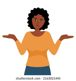 Black woman spread her hands and shrugging her shoulders in flat design on white background, gesture of opps, sorry or do not know.