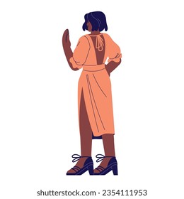 Black woman standing back view. Girl wearing dress, clothes in elegant style, romantic person in lovely outfit looks away. Fashionable female character flat isolated vector illustration on white