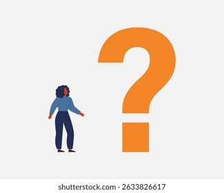 Black woman stands near big question mark and looking at it. Metaphor of uncertainty, doubt, decision or explaination. Vector illustration
