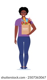 Mujer negra se para con una bolsa de papel de comestibles. Una chica comprando comida, verduras, pan. Compras de comestibles. Ilustración vectorial