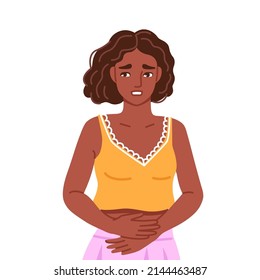 Black Woman, Suffering From Acute Abdominal Pain, Diarrhea, Bloating, Holds Her Stomach. Painful Menstruation. Hand Drawn Character. Vector Flat Illustration.