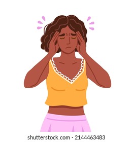 Black Woman Suffering From Tension Headache, Pain, Stress, Hangover, Discomfort Touching Her Temples. Stressed Tired Overworked Woman. Flat Vector Character. Vector Hand-drawn Illustration.