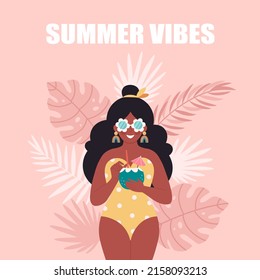 Black woman with summer cocktail. Hello summer, vacation, summertime, summer party. Woman in retro swimsuit and retro glasses. Hand drawn vector illustration