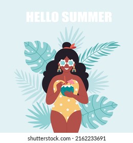 Black woman with summer cocktail. Hello summer, vacation, summertime, summer party. Woman in retro swimsuit and retro glasses. Hand drawn vector illustration