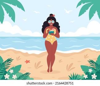 Black woman with summer cocktail. Hello summer, vacation, summertime, summer party. Woman in retro swimsuit and retro glasses. Hand drawn vector illustration