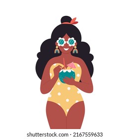 Black woman with summer cocktail. Hello summer, vacation, summertime, summer party. Woman in retro swimsuit and retro glasses. Hand drawn vector illustration