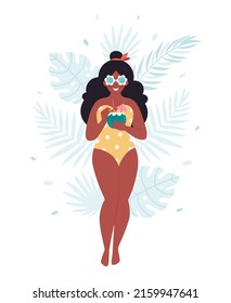 Black woman with summer cocktail on tropical leaves background. Hello summer, vacation, summertime, summer party. Woman in retro swimsuit and retro glasses. Hand drawn vector illustration