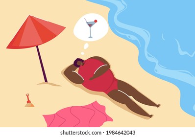Black woman sunbathing on beach and thinking of cocktail. Thirsty female character lying on sand by water flat vector illustration. Summer, vacation concept for banner, website design or landing page