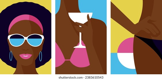 Black woman with sunglasses, cocktail glass, bikini poster set. Close up portrait, body, hand with glass. front view. Summer party advertising banner with young woman. Card with good looking girl.