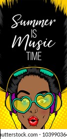 Black Woman In Sunglasses Earphones. Wow Face Pop Art Style Beautiful. Shocked Face Vintage Girl. Disco Music Banner. Vintage Poster WOW SALE Kitsch Advertise. Summer Party Love Music Phrase.